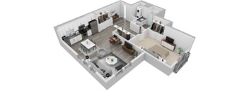 A 3D floor plan of a house with a kitchen, living room, and dining area.